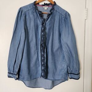 Sundance Womens Top L Chambray Western Ruffle Cottage Feminine Luzia Button Up